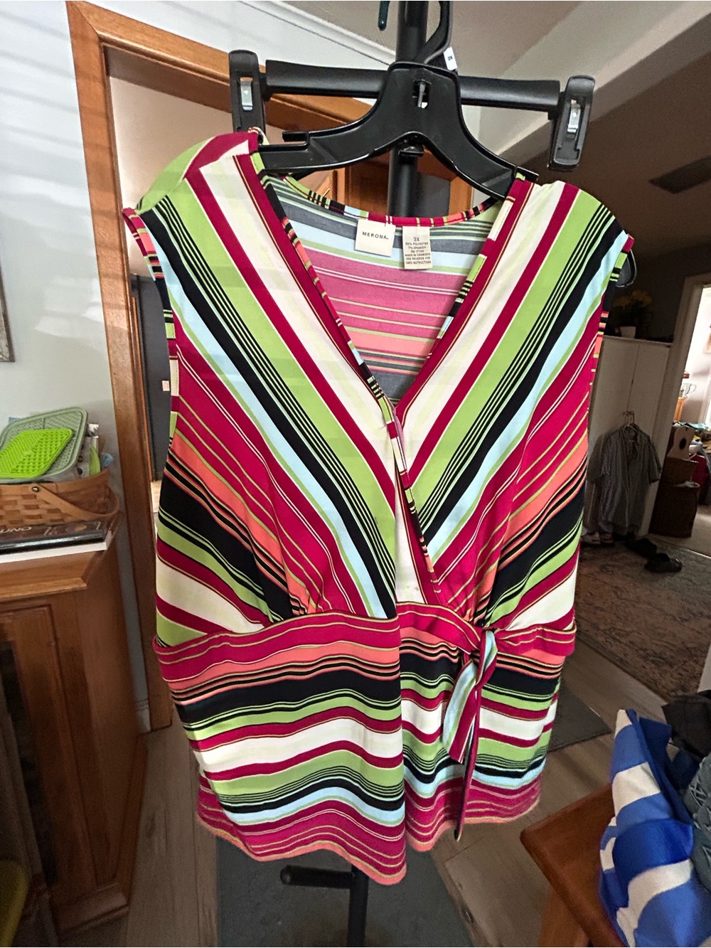 Merona Pink Green Multicolor Striped V-Neck Tie-Waist Tunic